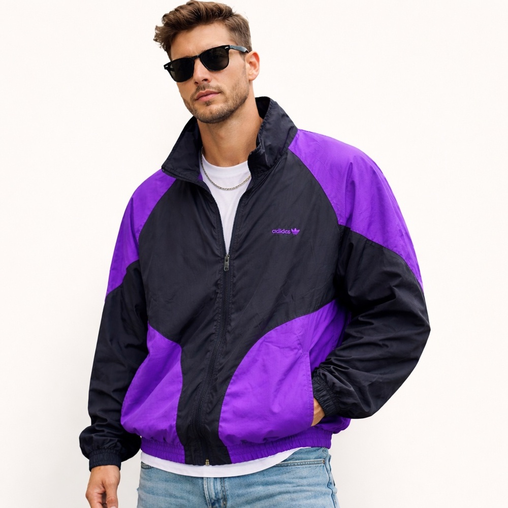 Adidas Authentic Vintage 90s Windbreaker Full zip Men Unisex Black Purple Sz L